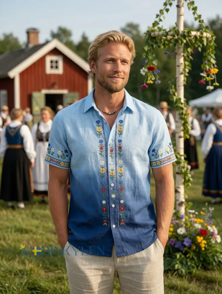 Herrretro svensk midsommarfolkaldrigblommig bomull-linne skjorta med korta ärmarna