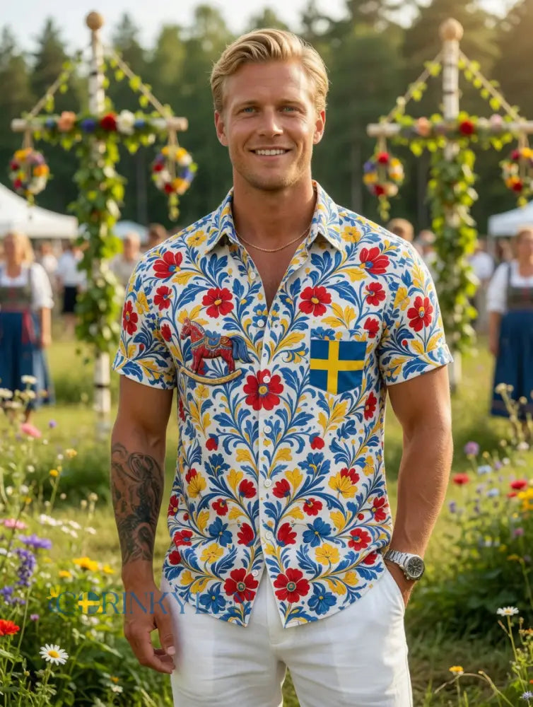 Herrretro svensk midsommarfolkaldrigblommig bomull-linne skjorta med korta ärmarna