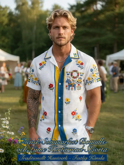 Herrretro svensk midsommarfolkaldrigblommig bomull-linne skjorta med korta ärmarna