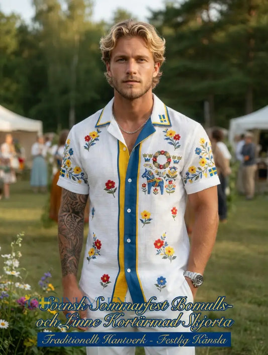 Herrretro svensk midsommarfolkaldrigblommig bomull-linne skjorta med korta ärmarna