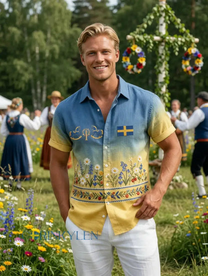 Herrretro svensk midsommarfolkaldrigblommig bomull-linne skjorta med korta ärmarna
