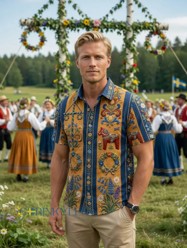 Herrretro svensk midsommarfolkaldrigblommig bomull-linne skjorta med korta ärmarna