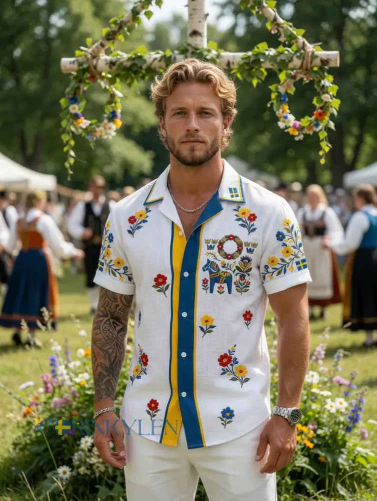 Herrretro svensk midsommarfolkaldrigblommig bomull-linne skjorta med korta ärmarna