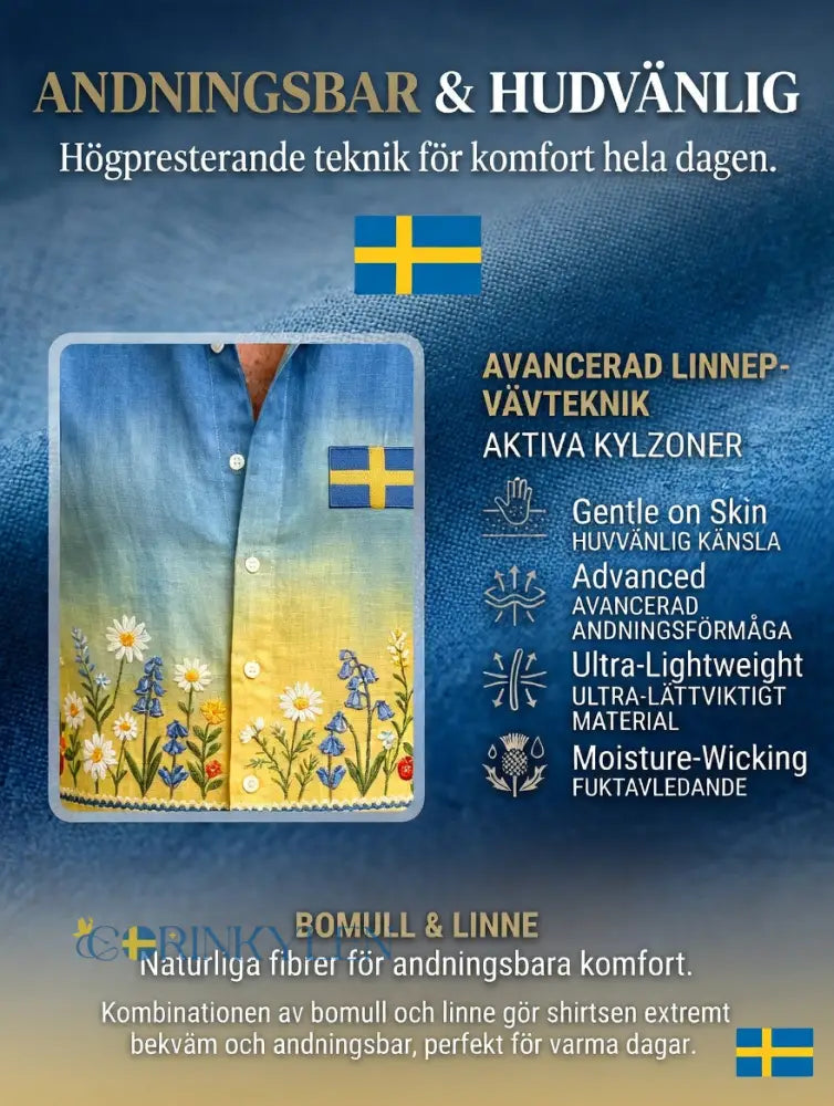 Herrretro svensk midsommarfolkaldrigblommig bomull-linne skjorta med korta ärmarna