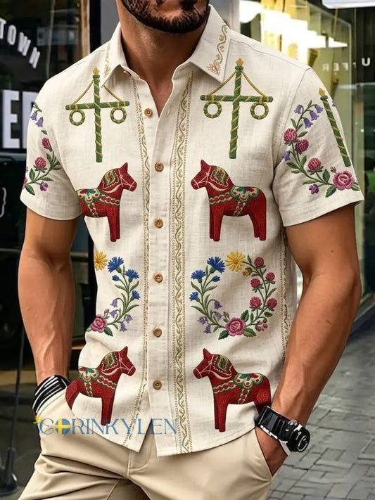 Herrretro svensk midsommarfolkaldrigblommig bomull-linne skjorta med korta ärmarna - Aprikot / S