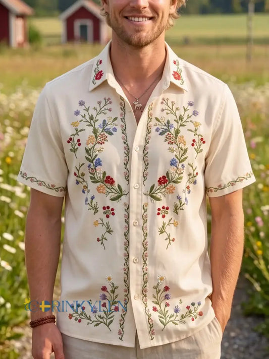 Herrretro svensk midsommarfolkaldrigblommig bomull-linne skjorta med korta ärmarna - Aprikot / S