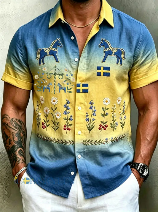 Herrretro svensk midsommarfolkaldrigblommig bomull-linne skjorta med korta ärmarna - blå / S