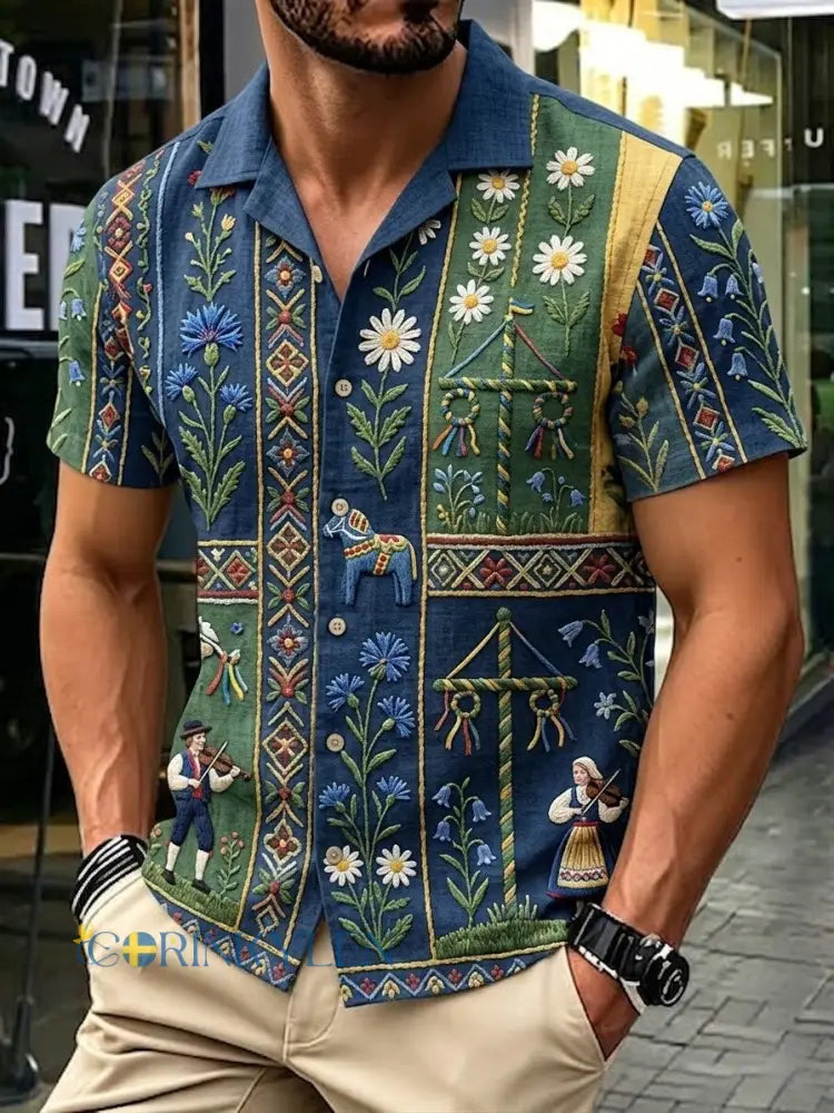 Herrretro svensk midsommarfolkaldrigblommig bomull-linne skjorta med korta ärmarna - blå / S