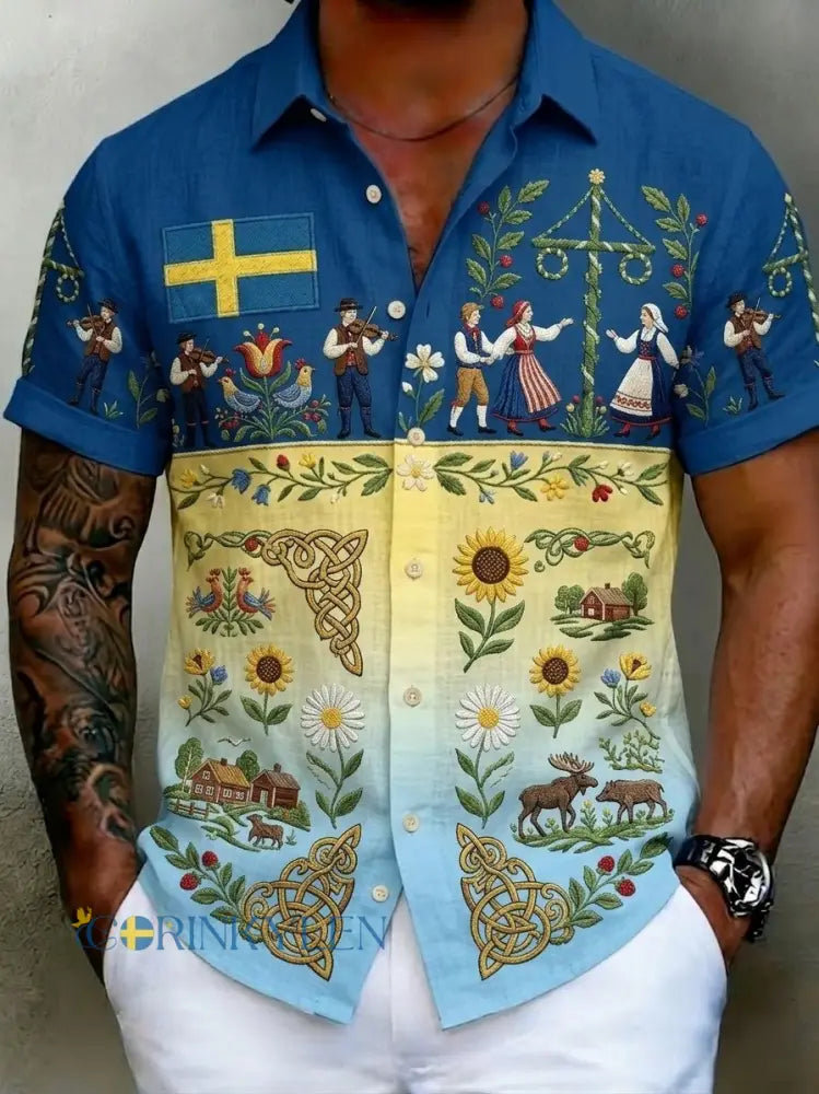 Herrretro svensk midsommarfolkaldrigblommig bomull-linne skjorta med korta ärmarna - blå / S