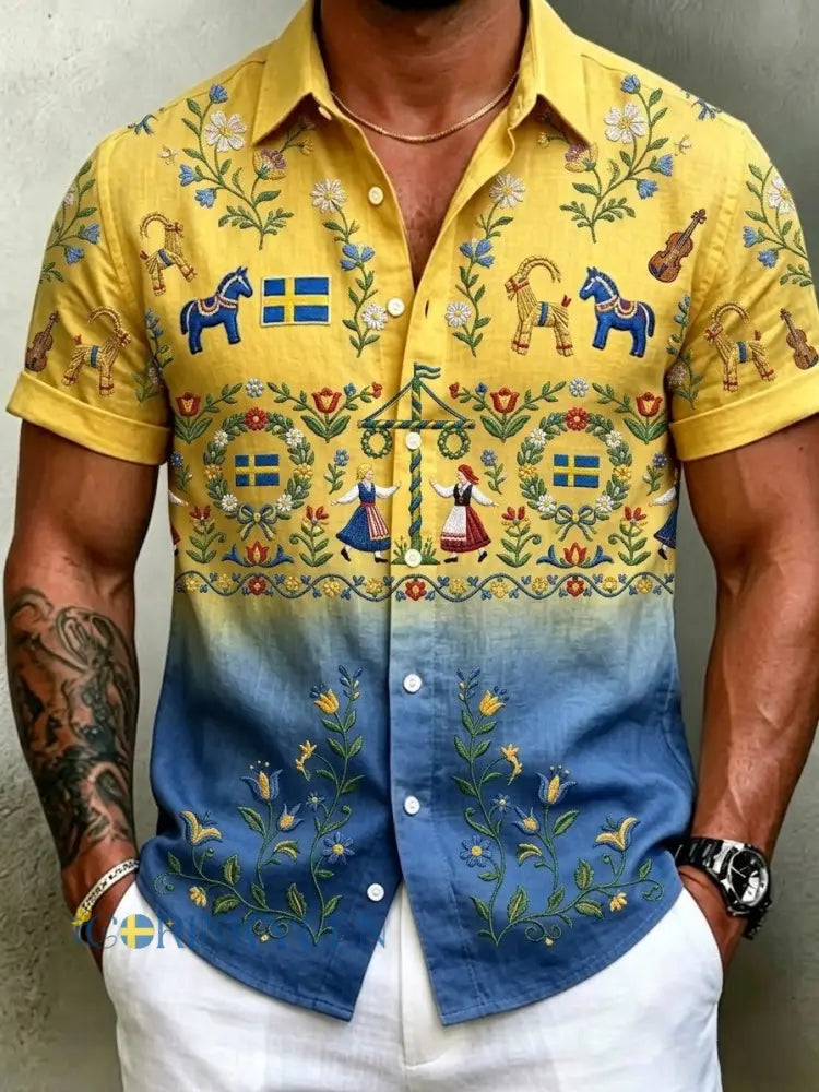 Herrretro svensk midsommarfolkaldrigblommig bomull-linne skjorta med korta ärmarna - blå / S