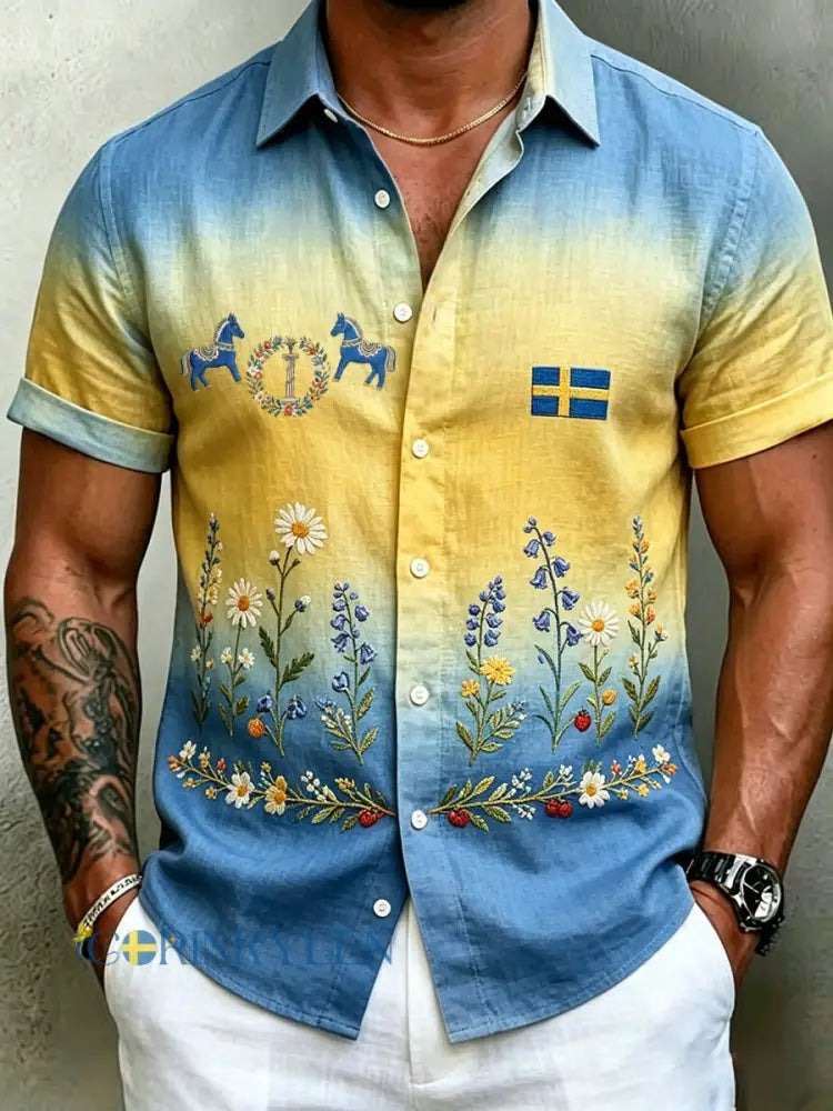 Herrretro svensk midsommarfolkaldrigblommig bomull-linne skjorta med korta ärmarna - blå / S