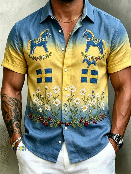 Herrretro svensk midsommarfolkaldrigblommig bomull-linne skjorta med korta ärmarna - blå / S