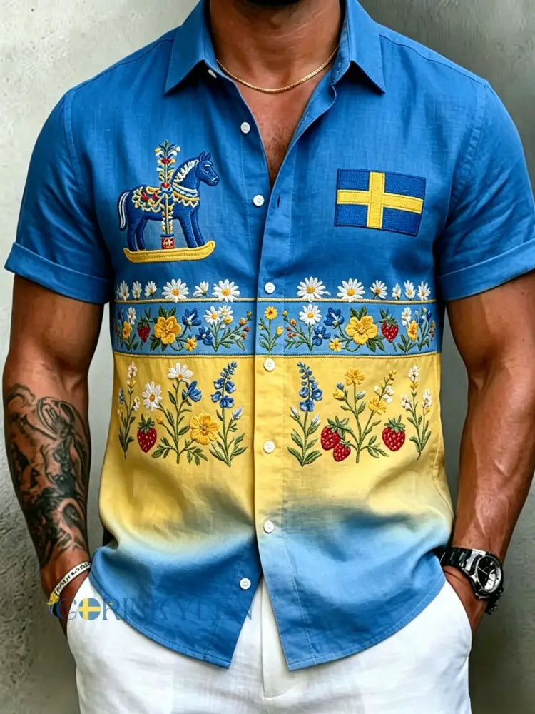 Herrretro svensk midsommarfolkaldrigblommig bomull-linne skjorta med korta ärmarna - blå / S