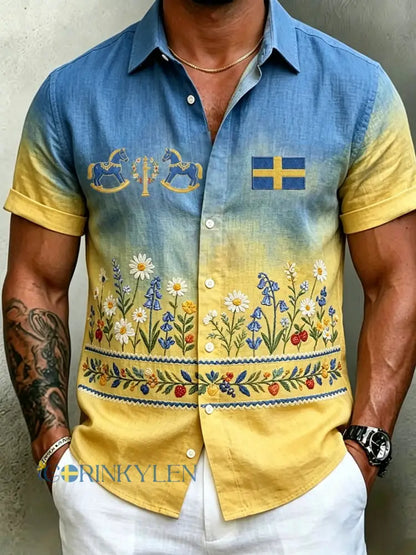 Herrretro svensk midsommarfolkaldrigblommig bomull-linne skjorta med korta ärmarna - blå / S