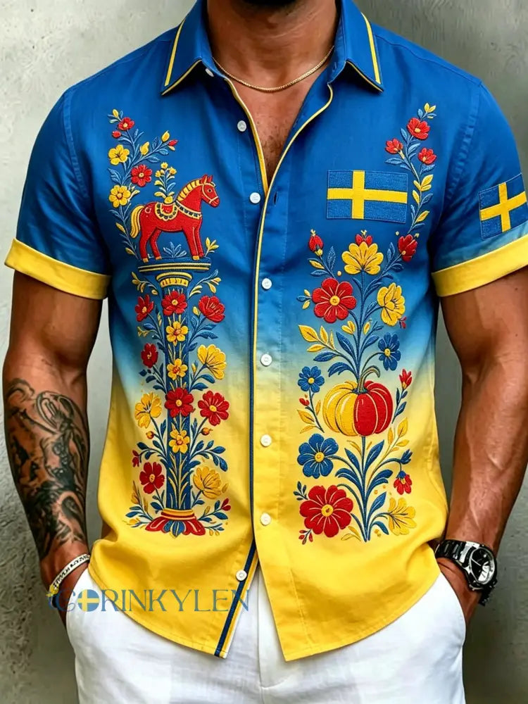 Herrretro svensk midsommarfolkaldrigblommig bomull-linne skjorta med korta ärmarna - blå / S