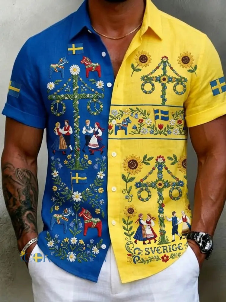 Herrretro svensk midsommarfolkaldrigblommig bomull-linne skjorta med korta ärmarna - blå / S