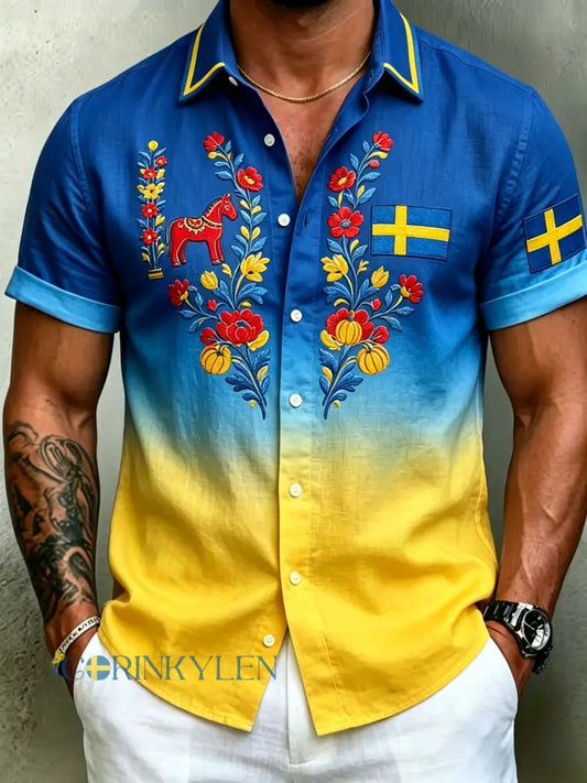 Herrretro svensk midsommarfolkaldrigblommig bomull-linne skjorta med korta ärmarna - blå / S