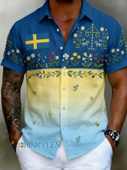 Herrretro svensk midsommarfolkaldrigblommig bomull-linne skjorta med korta ärmarna - blå / S