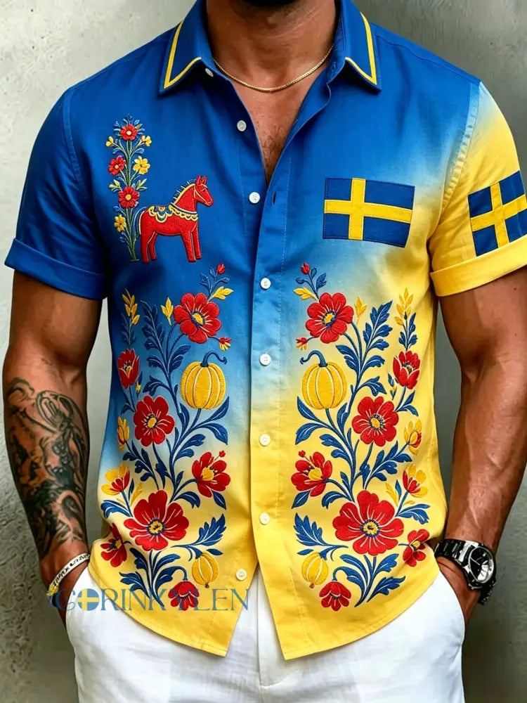 Herrretro svensk midsommarfolkaldrigblommig bomull-linne skjorta med korta ärmarna - blå / S