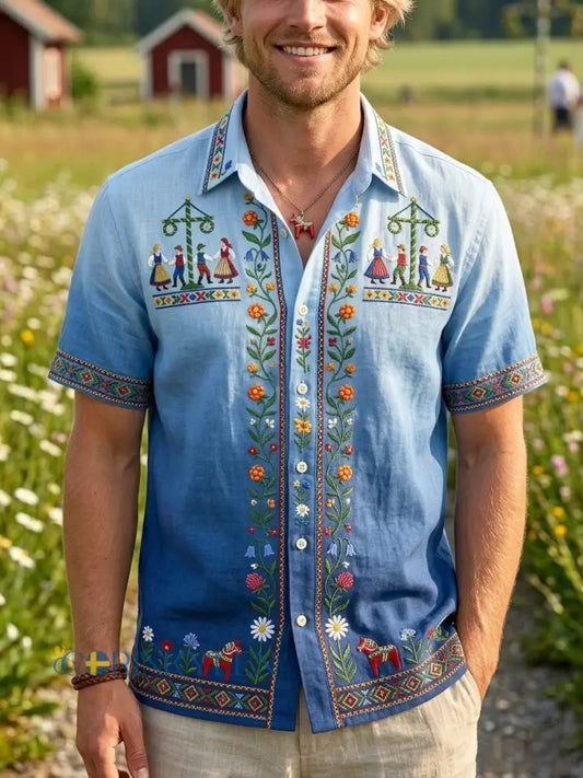 Herrretro svensk midsommarfolkaldrigblommig bomull-linne skjorta med korta ärmarna - blå / S
