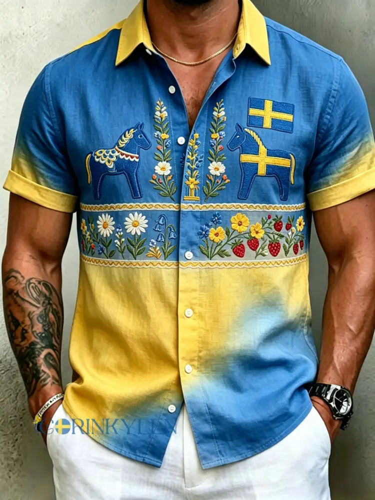 Herrretro svensk midsommarfolkaldrigblommig bomull-linne skjorta med korta ärmarna - blå / S