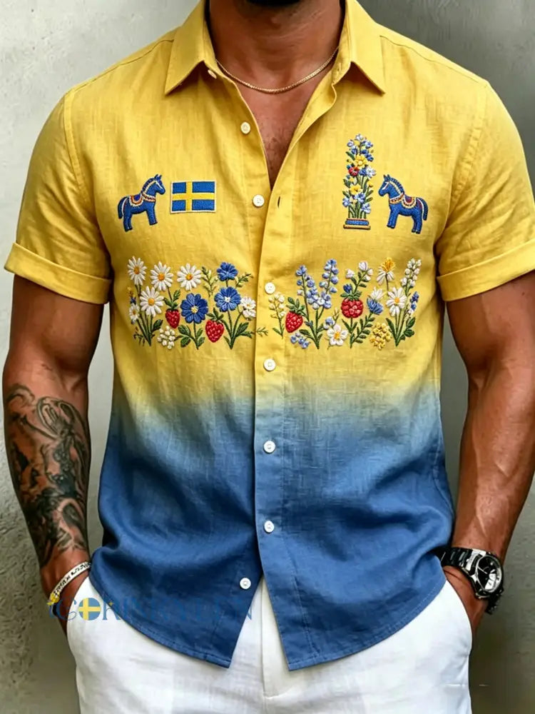 Herrretro svensk midsommarfolkaldrigblommig bomull-linne skjorta med korta ärmarna - blå / S