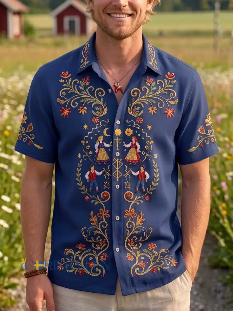 Herrretro svensk midsommarfolkaldrigblommig bomull-linne skjorta med korta ärmarna - blå sjöfart / S