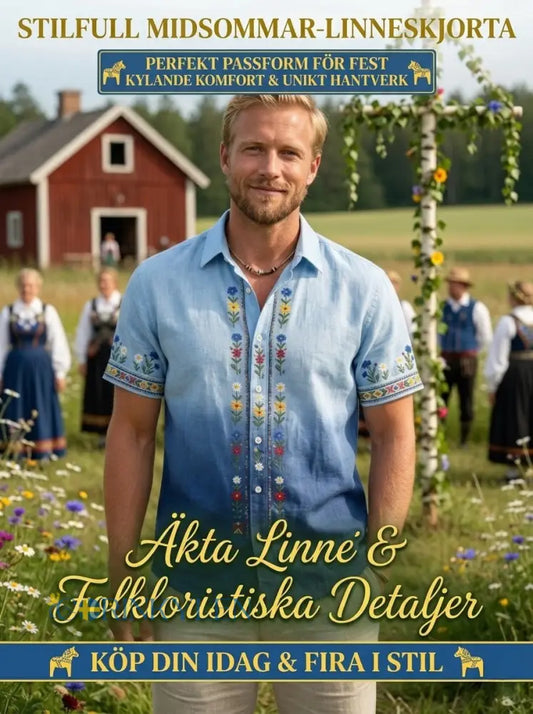 Herrretro svensk midsommarfolkaldrigblommig bomull-linne skjorta med korta ärmarna - Blue / S