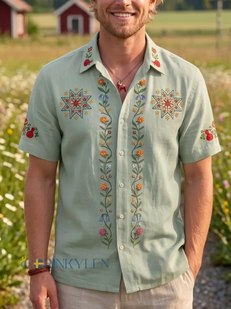 Herrretro svensk midsommarfolkaldrigblommig bomull-linne skjorta med korta ärmarna - grönt / S