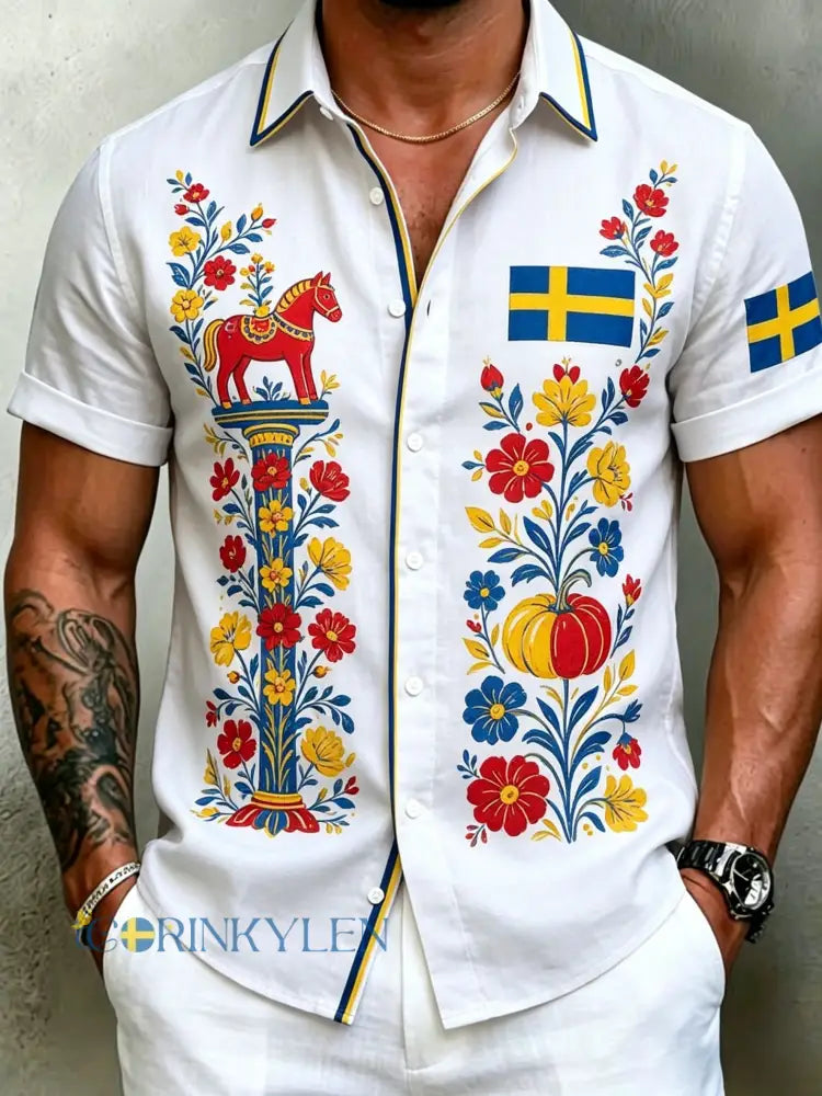 Herrretro svensk midsommarfolkaldrigblommig bomull-linne skjorta med korta ärmarna - vitt / S