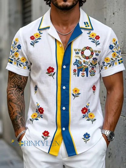 Herrretro svensk midsommarfolkaldrigblommig bomull-linne skjorta med korta ärmarna - vitt / S
