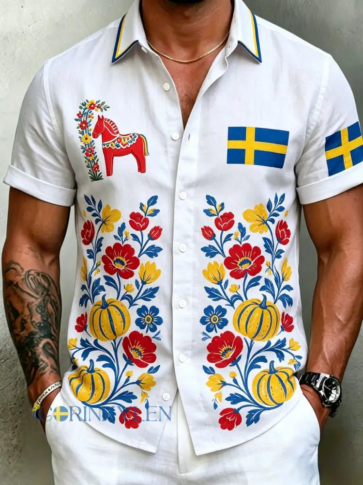 Herrretro svensk midsommarfolkaldrigblommig bomull-linne skjorta med korta ärmarna - vitt / S