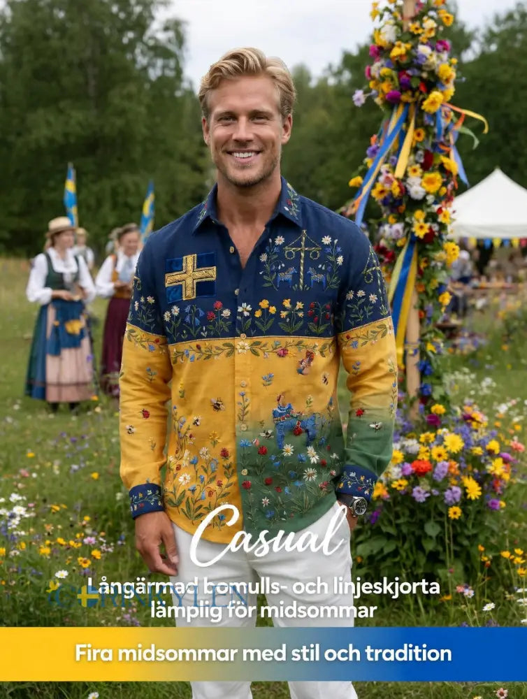 Herrretro svensk midsommarfolkaldrigblommig bomull-linne skjorta med långa ärmar