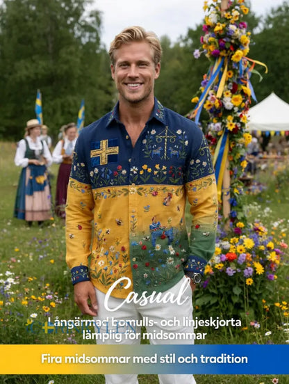 Herrretro svensk midsommarfolkaldrigblommig bomull-linne skjorta med långa ärmar