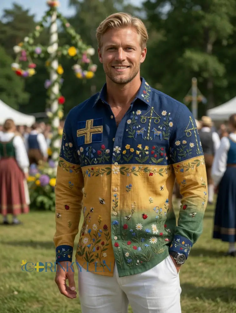 Herrretro svensk midsommarfolkaldrigblommig bomull-linne skjorta med långa ärmar