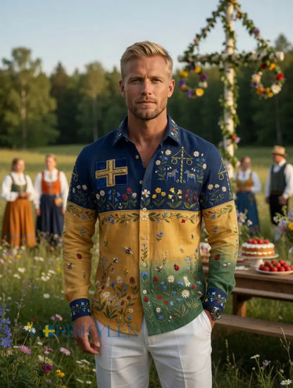 Herrretro svensk midsommarfolkaldrigblommig bomull-linne skjorta med långa ärmar