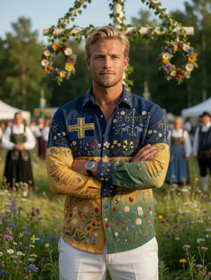 Herrretro svensk midsommarfolkaldrigblommig bomull-linne skjorta med långa ärmar