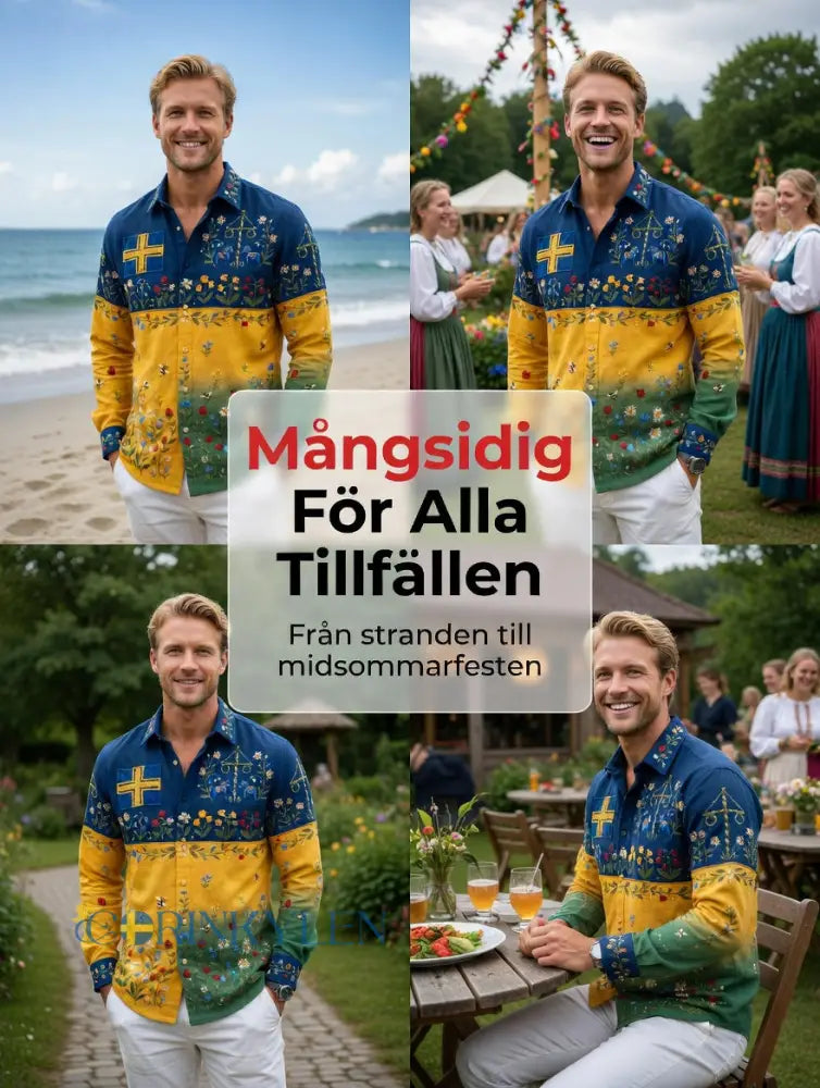 Herrretro svensk midsommarfolkaldrigblommig bomull-linne skjorta med långa ärmar