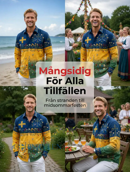 Herrretro svensk midsommarfolkaldrigblommig bomull-linne skjorta med långa ärmar