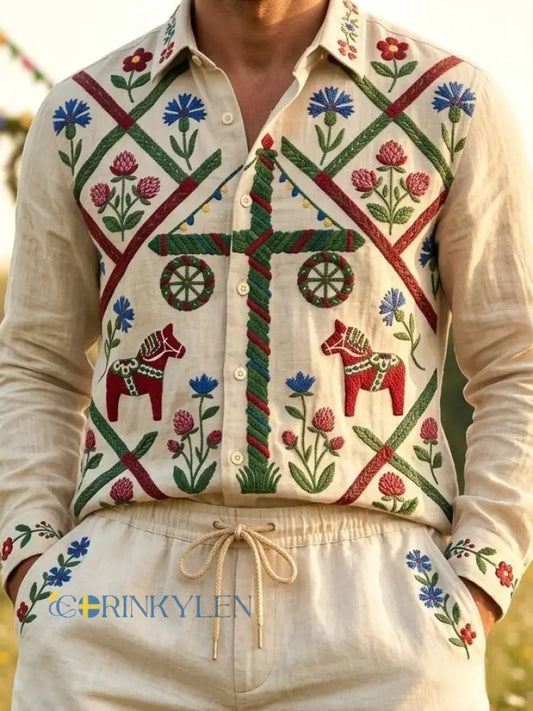 Herrretro svensk midsommarfolkaldrigblommig bomull-linne skjorta med långa ärmar - Aprikot / S