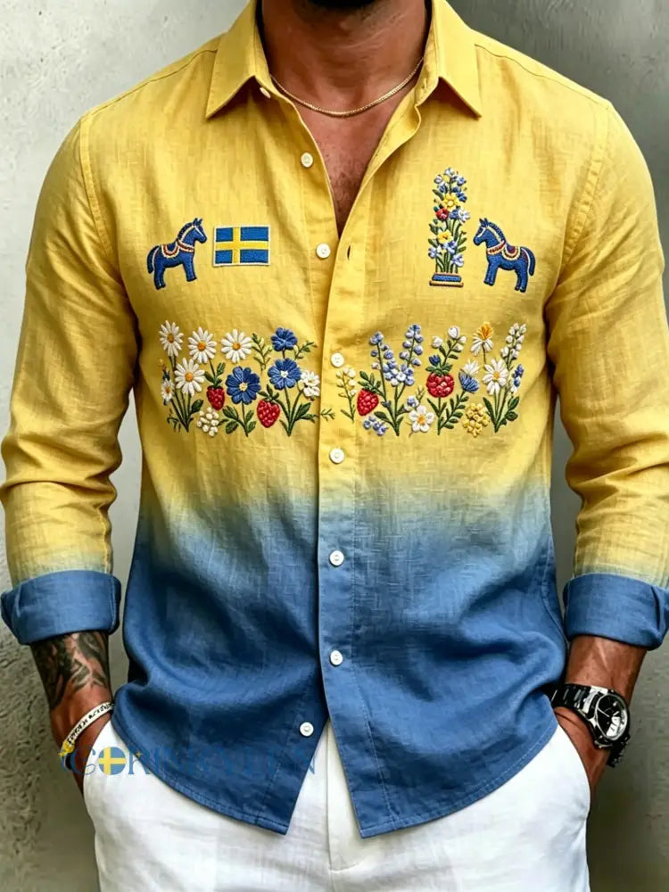 Herrretro svensk midsommarfolkaldrigblommig bomull-linne skjorta med långa ärmar - blå / S