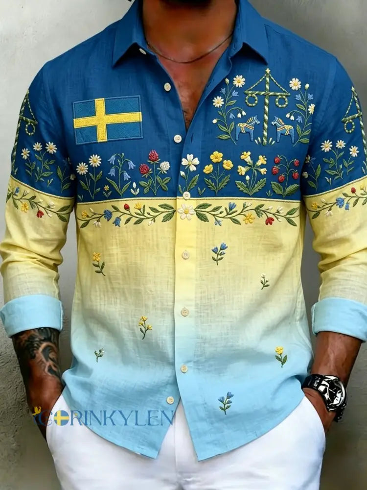 Herrretro svensk midsommarfolkaldrigblommig bomull-linne skjorta med långa ärmar - blå / S