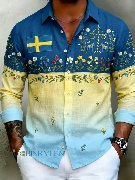 Herrretro svensk midsommarfolkaldrigblommig bomull-linne skjorta med långa ärmar - blå / S