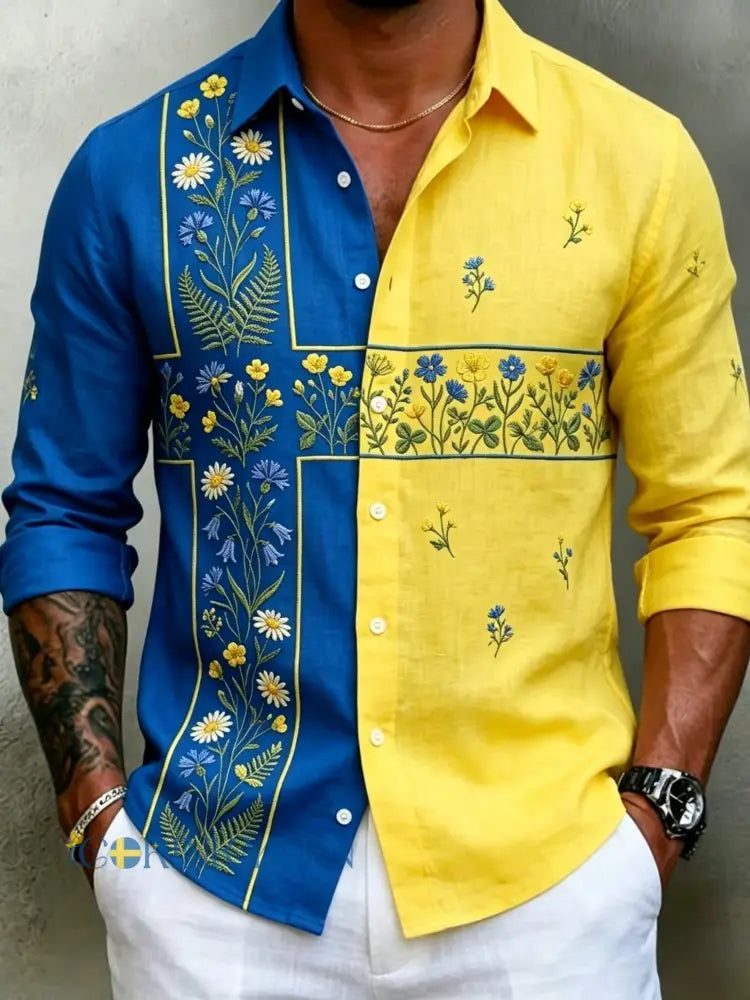 Herrretro svensk midsommarfolkaldrigblommig bomull-linne skjorta med långa ärmar - blå / S