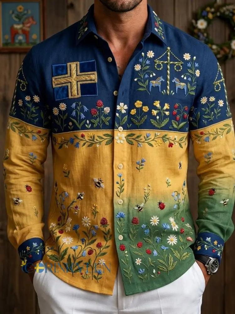 Herrretro svensk midsommarfolkaldrigblommig bomull-linne skjorta med långa ärmar - gul / S