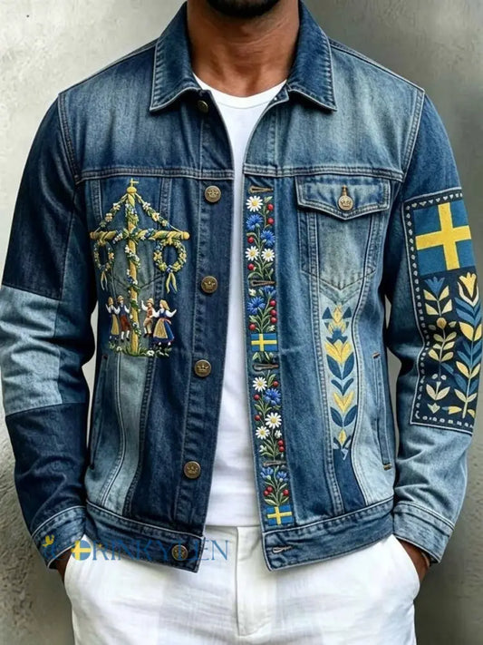 Herrretro svensk midsommarfolkaldrigblommig bomull-linnejacka med långa ärmar - blå / S