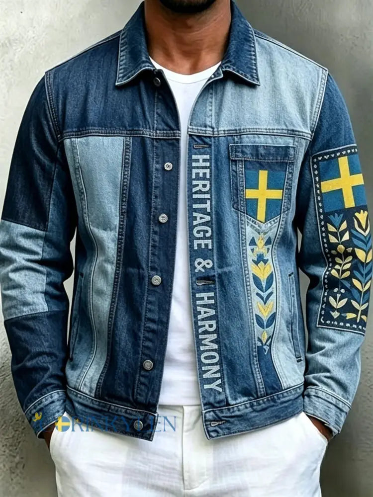 Herrretro svensk midsommarfolkaldrigblommig bomull-linnejacka med långa ärmar - blå / S
