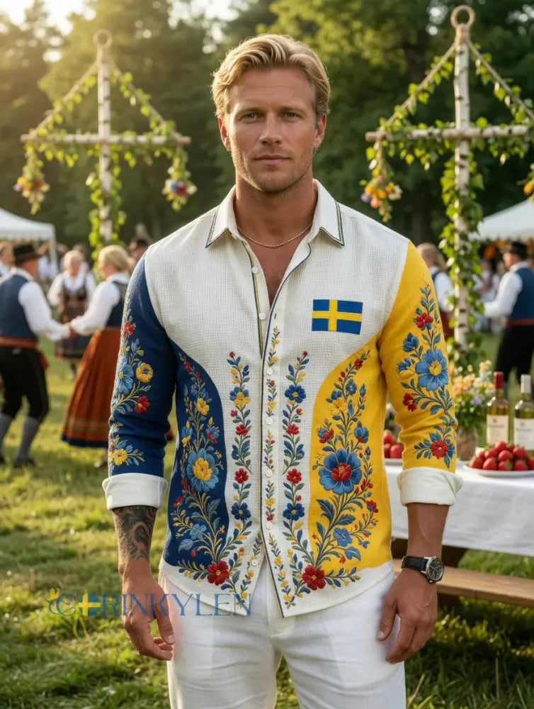 Herrretro svensk midsommarfolkaldrigblommig vafeltröja med långa ärmar