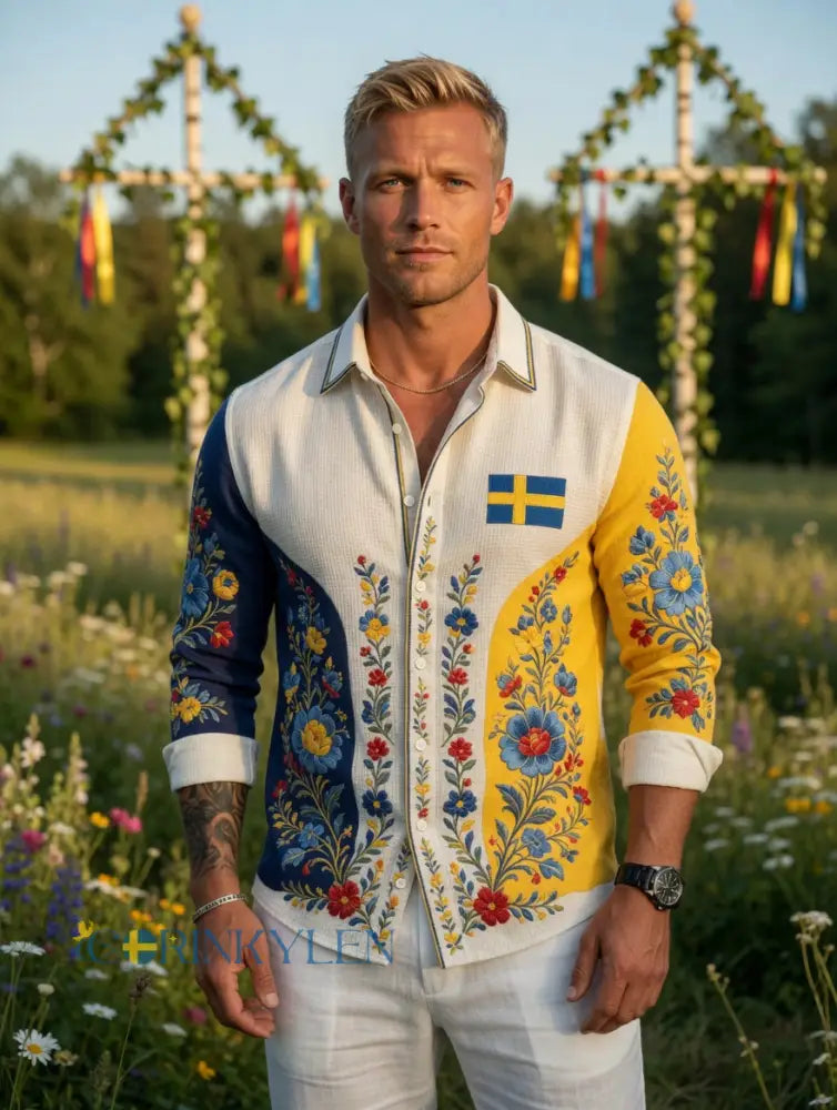 Herrretro svensk midsommarfolkaldrigblommig vafeltröja med långa ärmar