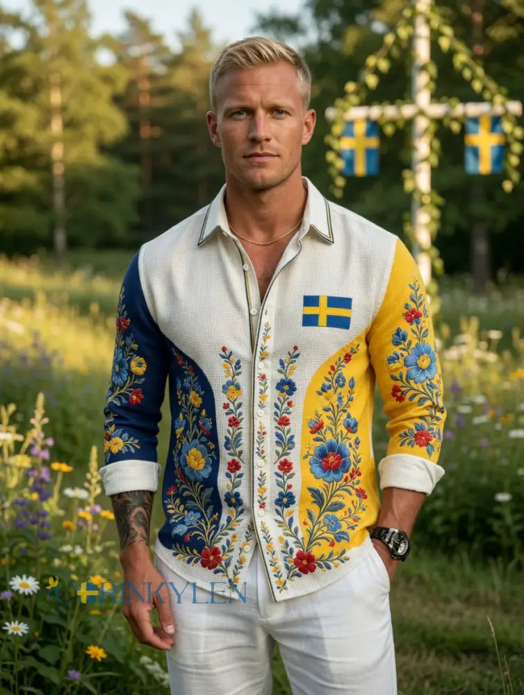Herrretro svensk midsommarfolkaldrigblommig vafeltröja med långa ärmar